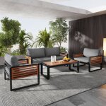Ensemble de jardin 4 pi�ces - kodise - kodise - cadre fer galvanis� - accoudoirs & plateau acacia - coussins ...
