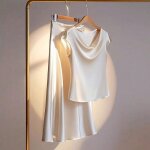 Ensemble jupe  manches courtes en simili - soie ecelen pour femme - coupe ajuste - couleur unie - abricot ...
