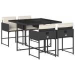 Ensemble � manger de jardin - burke - 5 pi�ces - r�sine tress�e - noir - coussins blancs cr�me - table ...