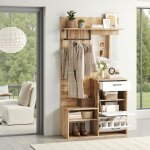 Ensemble meuble dentr�e complet 100cm banc miroir tiroir et range - chaussures blanc brillant et bois ...