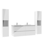 Ensemble meuble salle de bain 120 cm blanc brillant avec 4 tiroirs double lavabo c�ramique + colonne ...