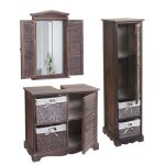 Ensemble de meuble de salle de bain meuble lavabo miroir mural et armoire de rangement en bois marron ...