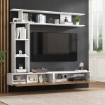 Ensemble meuble tv mural 180x35x22. 5cm blanc / bois avec vitrines support tv 80 �tag�re sur pied et ...