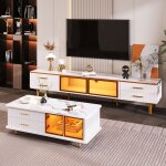 Ensemble meuble tv et table basse avec led portes verre tremp� tiroirs ondul�s pieds dor�s plateau effet ...