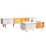 Ensemble meuble tv et table basse avec led portes verre tremp� tiroirs ondul�s pieds dor�s plateau effet ...