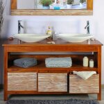 Ensemble meuble vasque salle de bain 140 cm en teck avec miroir et accessoires taille - meuble + miroir ...