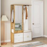 Ensemble de porte - manteaux muraux blanc et bois avec miroir étagère à chaussures avec crochets et tringle ... Ensemble de porte - manteaux muraux blanc et bois avec miroir étagère à chaussures avec crochets et tringle ...