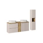Ensemble salle de bain meuble double vasques + plateau effet ch�ne 140 cm + colonne - a portes + tiroirs ...