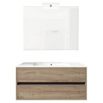 Ensemble de salle de bain meuble suspendu 100cm double edge bois clair - vasque - miroir - applique