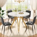 Ensemble salle à manger 5 pièces - table ronde Ø100cm marbre & pieds or + 4 chaises lin gris style moderne ... Ensemble salle à manger 5 pièces - table ronde Ø100cm marbre & pieds or + 4 chaises lin gris style moderne ...