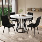 Ensemble de salle � manger - table ronde 100 cm - 4 chaises en velours - design marbre - pieds en m�tal ...
