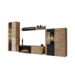 Ensemble de salon doum ? ch�ne clair et noir ? avec chemin�e bio - �thanol ? l320 x h192 x p45 cm