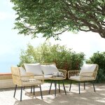 Ensemble salon de jardin 4 pi�ces canap� 2 places 2 fauteuils avec 7 coussins 1 table basse ronde rotin ...