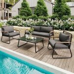 Ensemble salon de jardin - langtu - ensemble salon de jardin 4p - table verre tremp� - structure acier ...