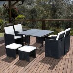 Ensemble salon de jardin encastrable 8 places 9 pi�ces dim. table 109l x 109l x 72h noir et cr�me