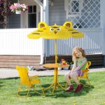 Ensemble salon de jardin enfant 4 pcs design tigre - table ronde + 2 chaises pliables + parasol - m�tal ...