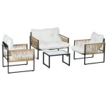 Ensemble salon de jardin - outsunny - 4 pices - canap 2 fauteuils 1 table basse plateau verre tremp ...