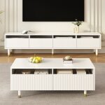 Ensemble salon led moderne - meuble tv 4 portes + table 2 tiroirs blanc&doré acrylique ondulé Éclairage ... Ensemble salon led moderne - meuble tv 4 portes + table 2 tiroirs blanc&doré acrylique ondulé Éclairage ...