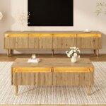 Ensemble salon moderne led : meuble tv 4 portes + table basse 2 tiroirs design bois - or structure ondule ...