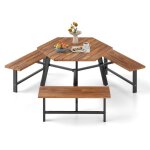 Ensemble table et 3 bancs en bois dacacia costway pour 6 personnes trou pour parasol plateau rainur ...