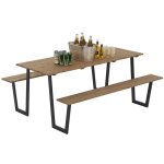 Ensemble table et bancs en bois de brasserie - outsunny - avec trou pour parasol de 5 cm - cadre en acier ...