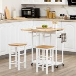 Ensemble table de bar pliable roulettes + 2 tabourets blanc et bois clair - 2 tiroirs et porte - torchons ...