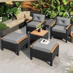 Ensemble table chaise de jardin en rotin (5 pices) plateau en acacia avec coussins gris