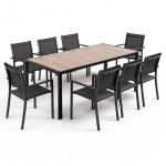 Ensemble table de jardin en aluminium effet bois et 8 fauteuils noirs - oviala