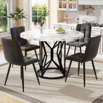 Ensemble table � manger - langtu - �100 cm - 4 chaises velours gris - plateau mdf imitation marbre - ...