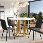 Ensemble table � manger - table hexagonale 110 cm - 4 chaises en lin gris - design moderne - confort ...