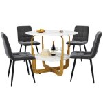 Ensemble table � manger 5 pi�ces moderne: table ronde 80cm plateau mdf pieds m�tal dor� + 4 chaises grises ...