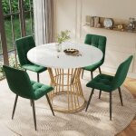 Ensemble table � manger - langtu - rond 100 cm - 4 chaises velours vert - plateau marbre mdf - pieds ...