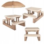 Ensemble table de pique - nique de jardin pour enfants coil avec parasol et banc marron et beige