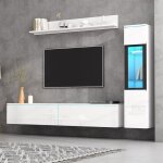 Ensemble tv mural 3 pi�ces avec �clairage led blanc lumineux meubles de salon devant blanc : 1 armoire ...