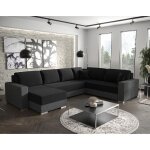 Epona - canap panoramique dangle rversible 7 places convertible avec coffre en tissu - noir / gris