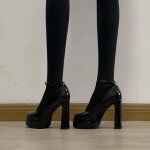 Escarpins femme noirs vernis talons hauts 9cm?chaussures lgantes soire avec bride cheville et plateforme ...