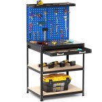 �tabli de travail avec 2 panneaux perfor�s costway - 3 �tag�res et tiroir - 81x41x156 cm - 20 crochets ...