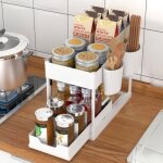 �tag�re de rangement sous �vier - meuble a epices - 2 niveaux paniers coulissants - blanc