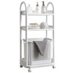 Etag�re roulante 3 niveaux panier � linge int�gr� amovible - 4 roulettes � freins - plastique blanc - ...