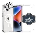 Pack protection - evetane - iphone 14 plus - transparent - compatible magsafe - coque tpu + 2 verres ...