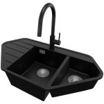 Evier dangle en granit 90x50cm lavabo cuisine 15 bacs + kit de vidage + robinet 9010 copenhague corner ...