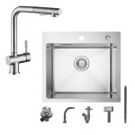 Evier cuisine 1 bac 5045cm inox brossmitigeur de cuisine extractible avec 2 fonctions douchette