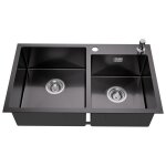 vier de cuisine - inox - 2 bacs - 75x45x19cm - gris - noir - distributeur de savon inclus