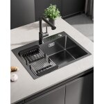Évier cuisine 60x45cm en inox - Évier 1 bac gris foncé avec panier égouttoir réglable - pour armoire ... Évier cuisine 60x45cm en inox - Évier 1 bac gris foncé avec panier égouttoir réglable - pour armoire ...