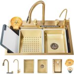 Évier de cuisine cascade doré brossé evier multifonction de cuisine en acier inox avec robinet extractible ... Évier de cuisine cascade doré brossé evier multifonction de cuisine en acier inox avec robinet extractible ...