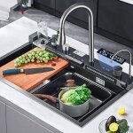 Évier de cuisine cascade multifonction 75x45 cm Évier cuisine cascade inox professionnel avec robinet ... Évier de cuisine cascade multifonction 75x45 cm Évier cuisine cascade inox professionnel avec robinet ...