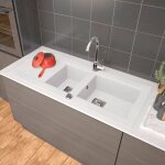 Evier de cuisine  encaster 1 cuve et demi bac en rsine minrale blanc 98 x 50 cm