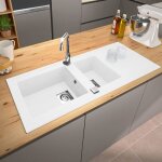 Evier de cuisine à encaster 2 cuves bacs en résine minérale blanc 117 x 50 cm Evier de cuisine à encaster 2 cuves bacs en résine minérale blanc 117 x 50 cm