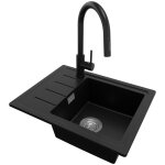 Evier cuisine en granit 55x44cm lavabo 1 bac + kit de vidage + robinet 9010 copenhague easy noir de primagran ...