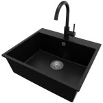 Evier cuisine en granit 58x50cm lavabo 1 bac + kit de vidage + robinet 5010 riga de primagran noir